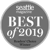 The image is a gray circular badge stating "Seattle Magazine Best of 2019 Readers' Choice Winner."