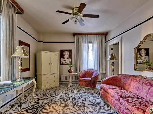 A vintage-style room with patterned sofas, zebra rug, lamps, and wall art, featuring a ceiling fan and natural light from windows.